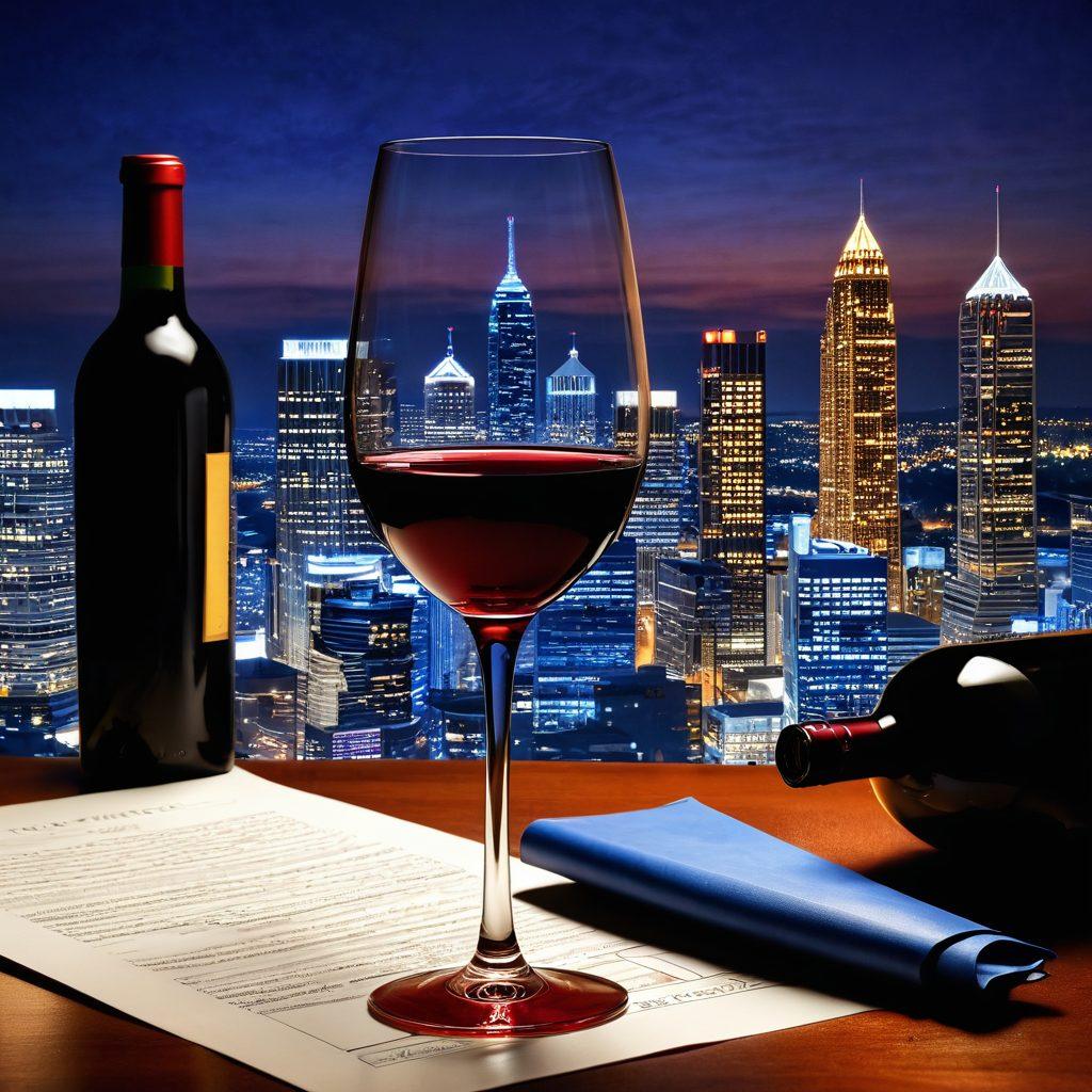 A sophisticated wine glass filled with rich red wine, placed atop a blueprint of Atlanta's skyline and real estate opportunities. Surrounding the glass are elegant wine bottles, with vines subtly intertwined around miniature skyscrapers. Soft golden lighting illuminates the scene, evoking a sense of luxury and investment potential. super-realistic. warm colors. elegant background.