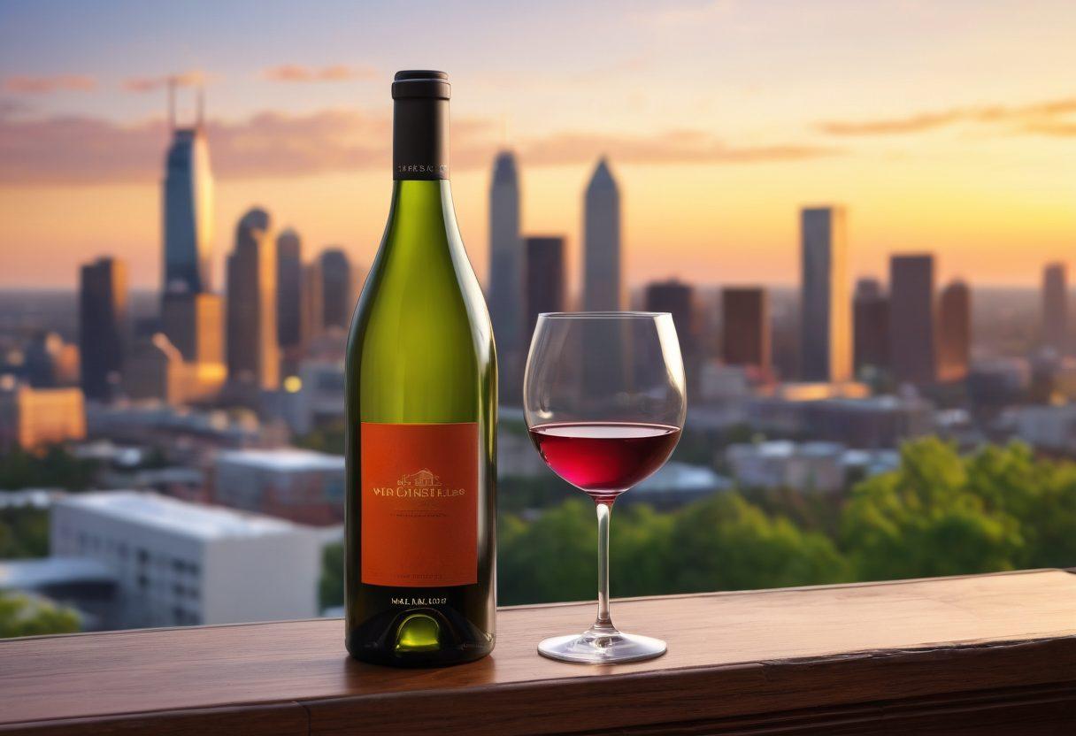 A sophisticated wine bottle being uncorked against a backdrop of Atlanta's skyline, with subtle hints of dilapidated houses symbolizing the foreclosure market. Include a warm, inviting color palette that conveys luxury and opportunity, while adding a subtle contrast of vibrant greens and earthy tones. The wine glass should catch the light with reflections, symbolizing chance and exploration. super-realistic. vibrant colors. 3D.