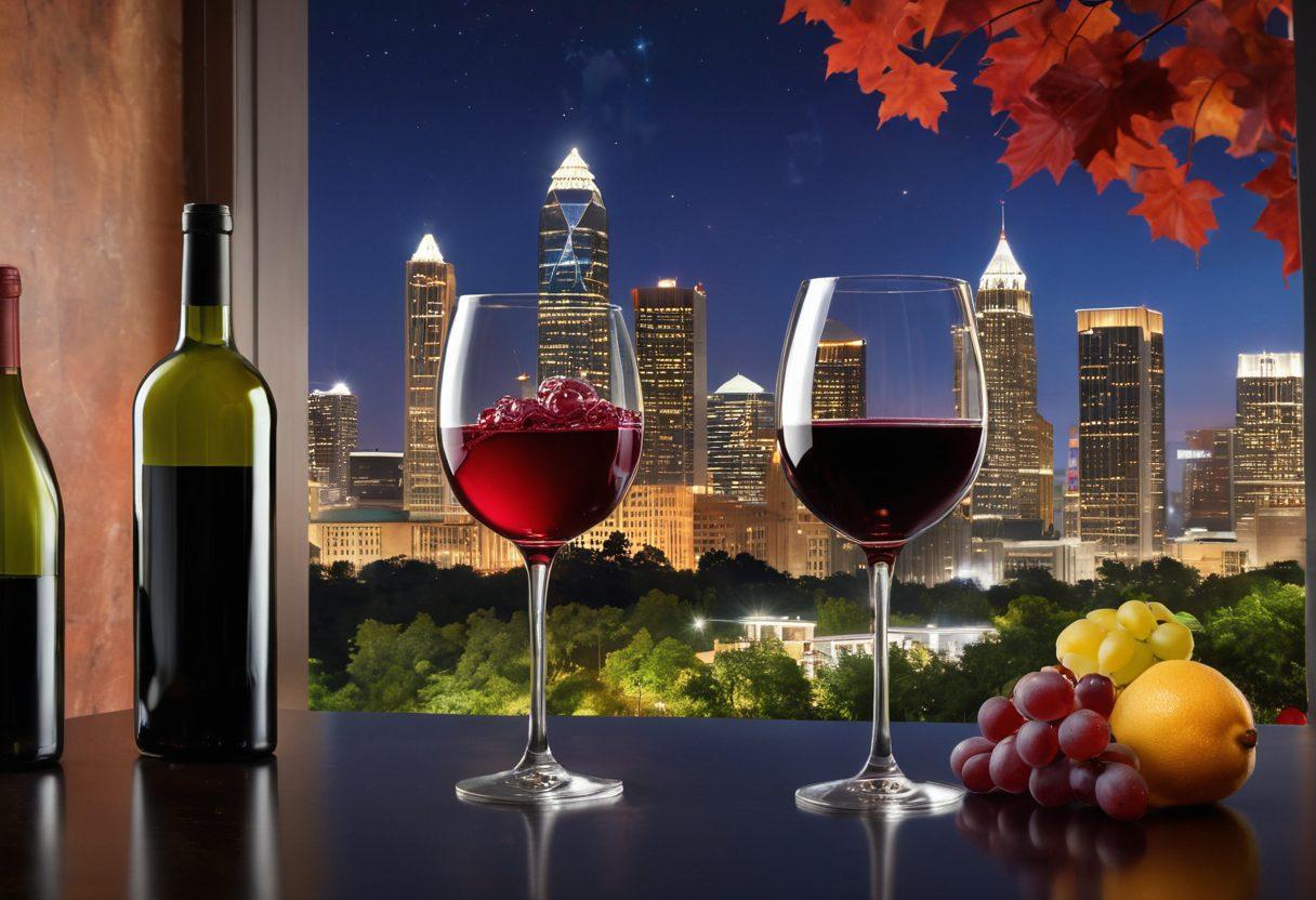 A sophisticated scene depicting a lively Atlanta cityscape with skyscrapers in the background, while a stylish person pours a glass of red wine into a crystal clear glass, surrounded by foreclosure signs. Include grapes and a charming vineyard in the foreground to symbolize the fine wine twist. The overall atmosphere should blend vibrancy and elegance, suggesting a flourishing market experience. super-realistic. vibrant colors. 3D.